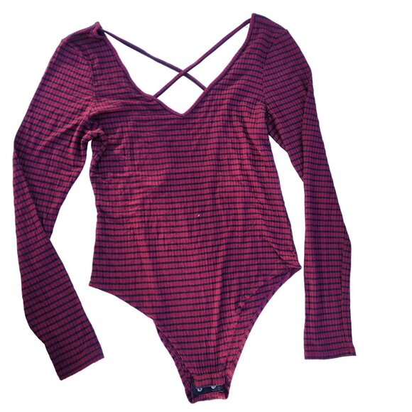 Be You Be Free Tops - Striped Burgundy & Black Long Sleeve Women Bodysuit With Cross Back/ Medium